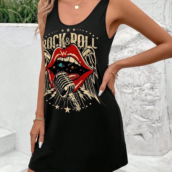 Black Casual Women's Rock Lip Pattern Minimalist Round Neck Plus Size Tank Dress - Picture 3 of 4